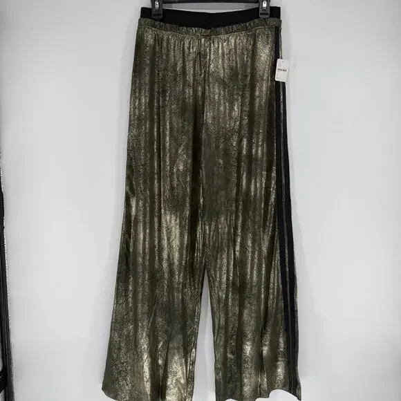 NEW Free People Vegan Leather Metallic Gold Wide Leg Track Pants Size SMALL - Picture 2 of 8
